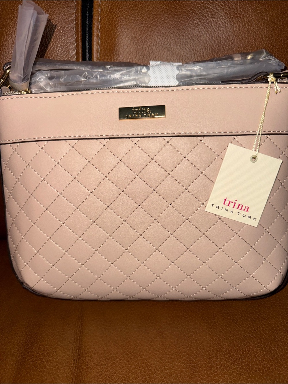 Trina Turk Quilted Blush Crossbody Bag with Gold Hardware